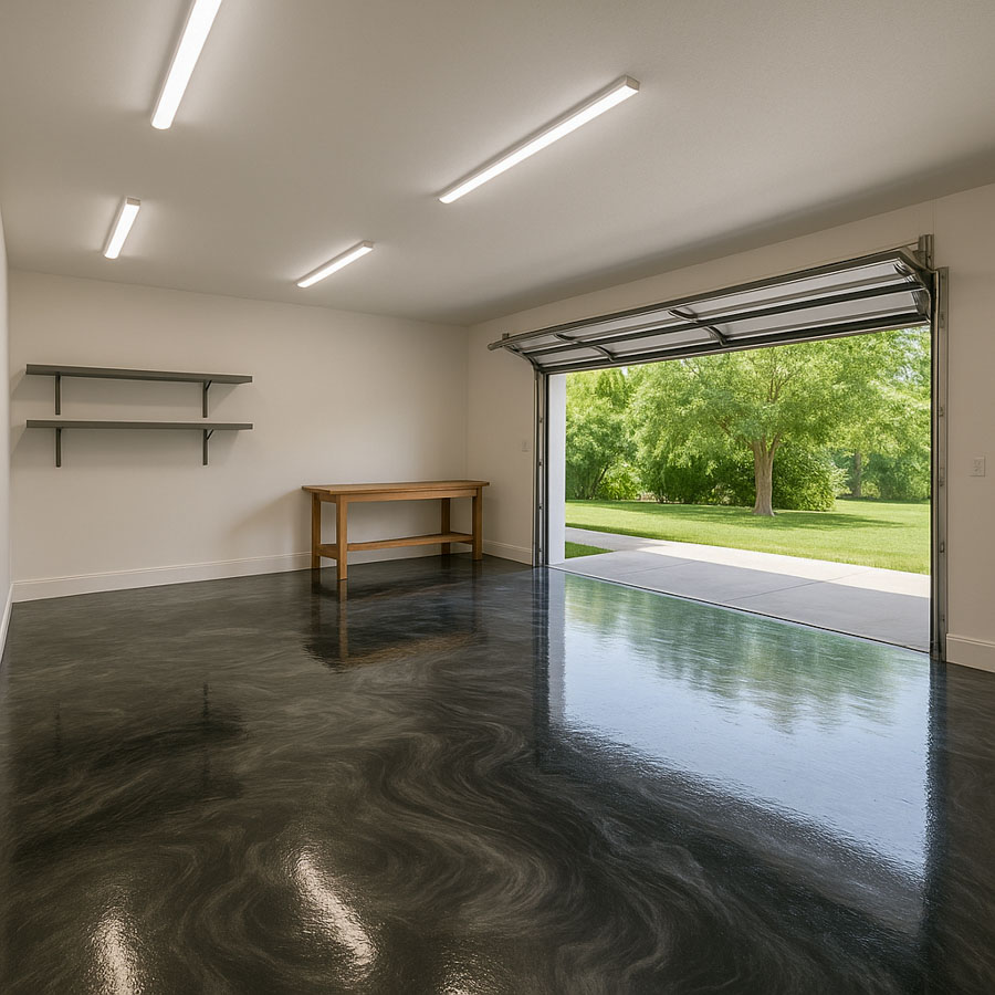 Clean, spacious garage with glossy dark epoxy flooring, bright linear ceiling lights, minimalist shelving, and an open door revealing a lush green lawn and mature trees.